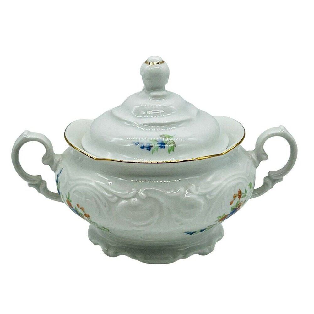 Wawel China Rose Garden Sugar Bowl with Lid‎ Poland Embossed Gold Gilt 5 inch